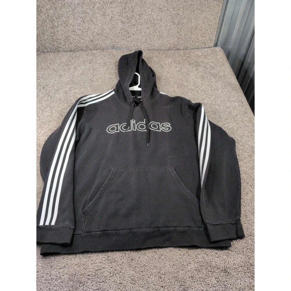 Adidas Mens Essentials 3-Stripes Pullover Hoodie Black White Logo Size L